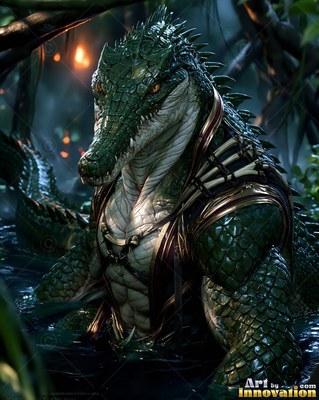 A green crocodile warrior wades in dark murky swamp water wearing bone armor