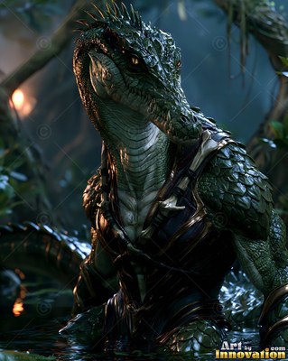 In a murky swamp, a green crocodile warrior wades through dark water
