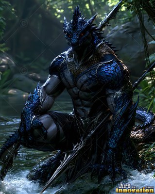 Crouching in shallow water, a blue scaled armed lizardfolk holds a dark spear