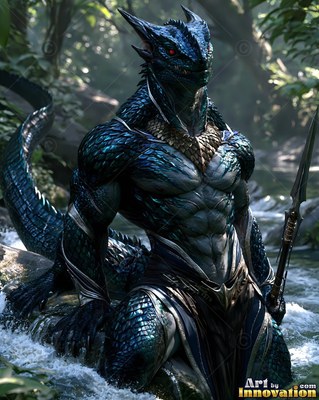 A blue scaled warrior lizard with a spear kneels in a jungle stream