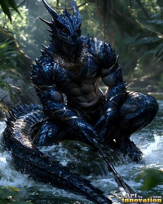 Spiky blue scales cover a horned lizardfolk fighter crouching in a jungle stream