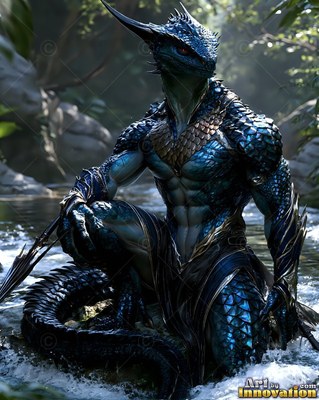 A horned lizardfolk warrior crouches in a river as sunlight touches dark blue scales