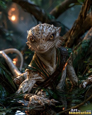 Crawling forward in shallow water of the swamp, a spotted lizardfolk smiles
