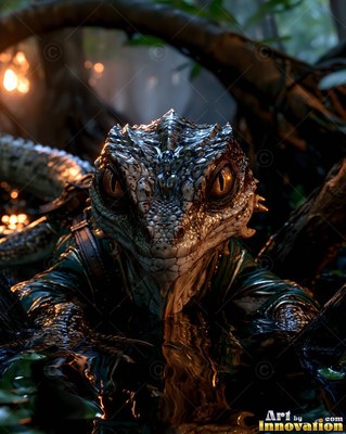 A scaled lizard creature crawls through dark swamp water toward the front