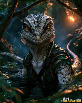 In murky marsh water, a scaled lizard soldier wears green leather straps