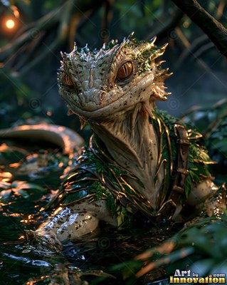 Wading through dark swamp water, a scaled lizard warrior smiles gently