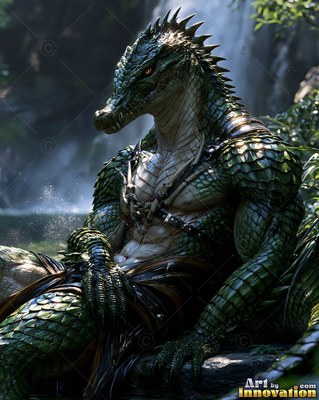 Green lizard soldier resting on rocks near a waterfall