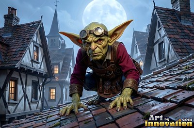 On a tiled rooftop under a full moon, a goblin in goggles crouches low