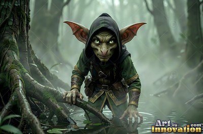 Wading through dark swamp water, a hooded goblin creeps past tree roots