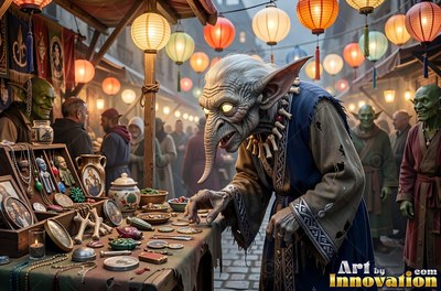 A long-nosed goblin in blue robes touches goods at a night market stall