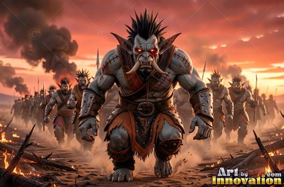 Large curved tusks jut from a pale orc leading an army across a burning battlefield at sunset