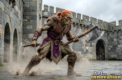 An orc warrior readies a large battle axe in a stone courtyard under gray overcast light
