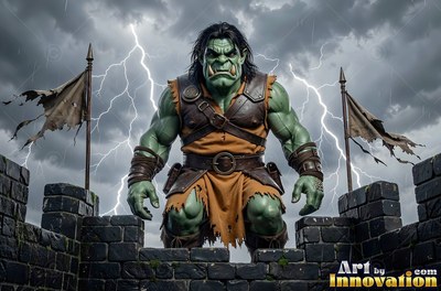 Crouching on stone battlements, a green-skinned orc glares under lightning