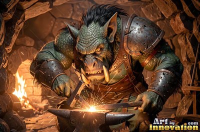A green orc smith strikes hot iron with a hammer on an anvil in a cave forge