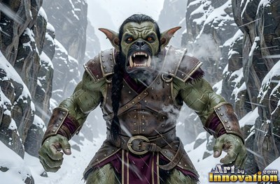 In a snowy mountain canyon, a pale green orc in leather armor roars in the cold air