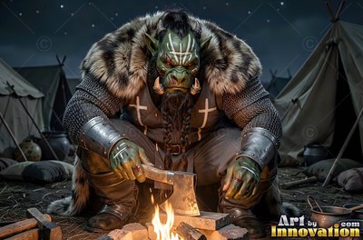 Crouching by a small campfire, a green-skinned orc rests an axe on a stone outside gray tents
