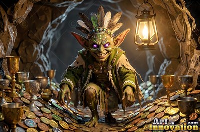 Goblin in green clothes crouches over bright gold coins beneath a lantern