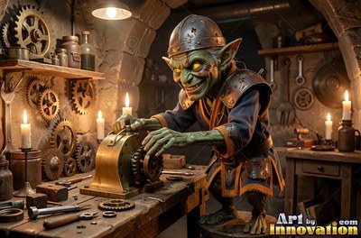 Wearing an iron cap, a green-skinned goblin works on bronze gears by candlelight in a stone workshop