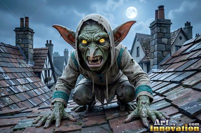 A hooded goblin stays low on a shingled rooftop under pale moonlight