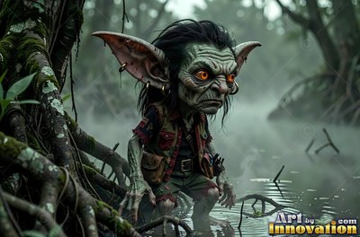 Wading forward in a misty swamp, a small green goblin hunches near roots
