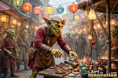 A goblin merchant in goggles tends a craft stall under colorful paper lanterns