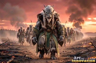 On a smoky battlefield, a horned orc with white hair leads an army across burned dirt