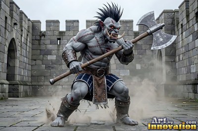 Gripping a heavy battle axe, a gray orc stands in a stone castle courtyard
