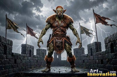 An orc in leather armor stands on a stone wall in the storm