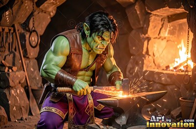 Wearing a brown leather vest, a dark green orc hammers hot metal on an anvil in a stone forge