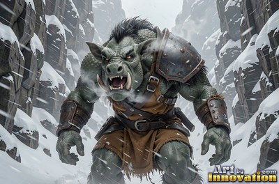 An orc charges through snowy mountain rocks under a cold pale gray sky