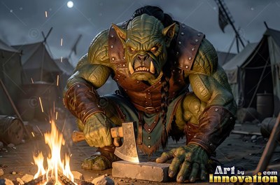 Crouching low in a tent camp, a muscular green orc sharpens an axe by a fire