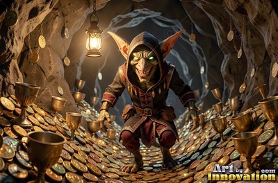 A grinning goblin creeps through a cave piled with shining gold coins and cups