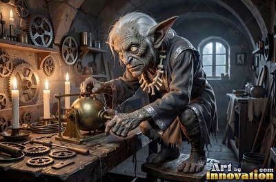In a stone workshop, an elderly goblin tinkers with a brass device by candlelight