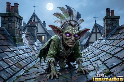 Crawling across wet roof tiles, a feathered goblin stalks under moonlight