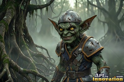 Goblin in a metal helmet and armor standing in a swamp