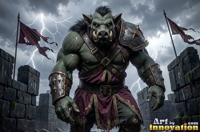 A boar-faced orc in spiked armor stands on a stone wall under a stormy sky with lightning