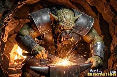 An armored orc works at an anvil, scattering orange sparks across dark stone