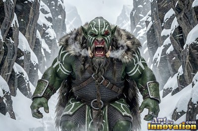 Crouching in a snowy mountain canyon, a roaring green orc wears fur and armor