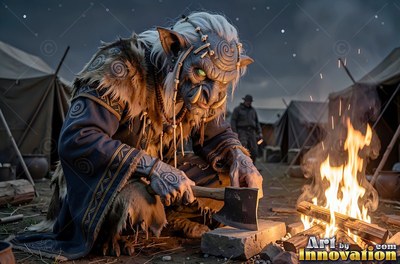 A gray-skinned goblin kneels by a campfire sharpening an axe in a tent camp