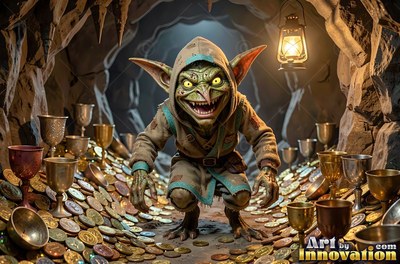 In a stone cave, a hooded dark green goblin crouches over shining gold coins and cups