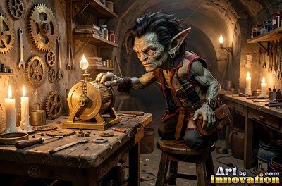 Tinkering by candlelight, a goblin inspects a small brass machine on a workbench