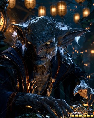 An old goblin leans over bright gold coins under hanging lanterns