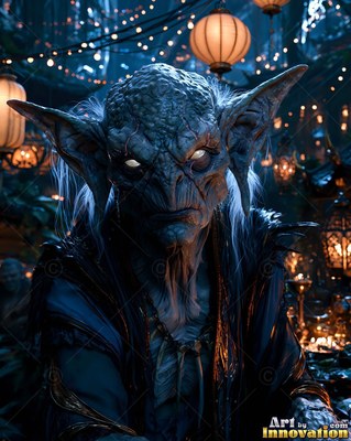 Tattered blue robes drape over an old goblin sitting beneath paper lanterns at night