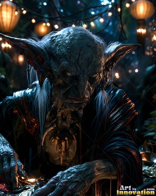 A wrinkled goblin leans forward at a dark table lit by warm hanging lanterns