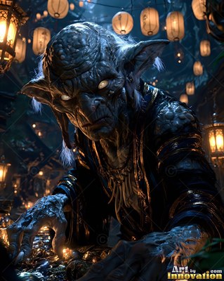 Hunched forward under hanging lanterns, an old goblin reaches for gold coins