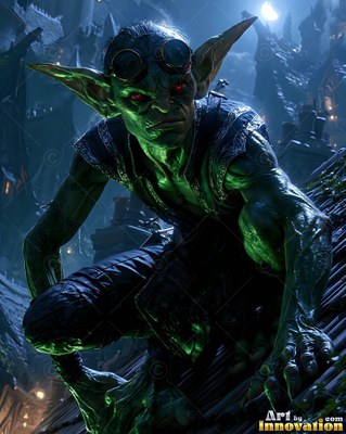 A goblin with goggles crouches low on a shadowed rooftop at night