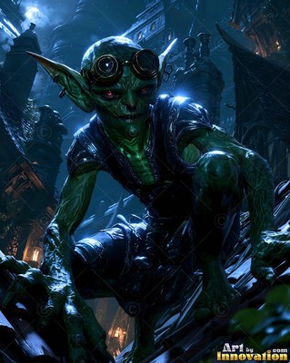 On a dark rooftop under the night sky, a green-skinned goblin crouches while wearing round goggles