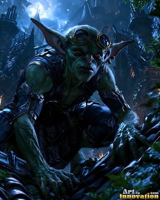 Crouching on a rooftop at night, a green goblin wears round goggles on its head