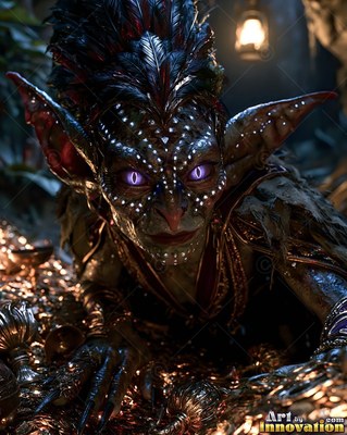 Goblin with purple eyes crawling over a pile of gold