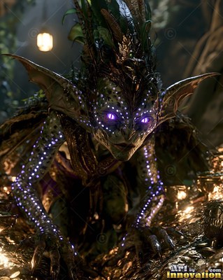 Spotted with bright purple lights on its skin, a crouching goblin in a dark treasure hoard